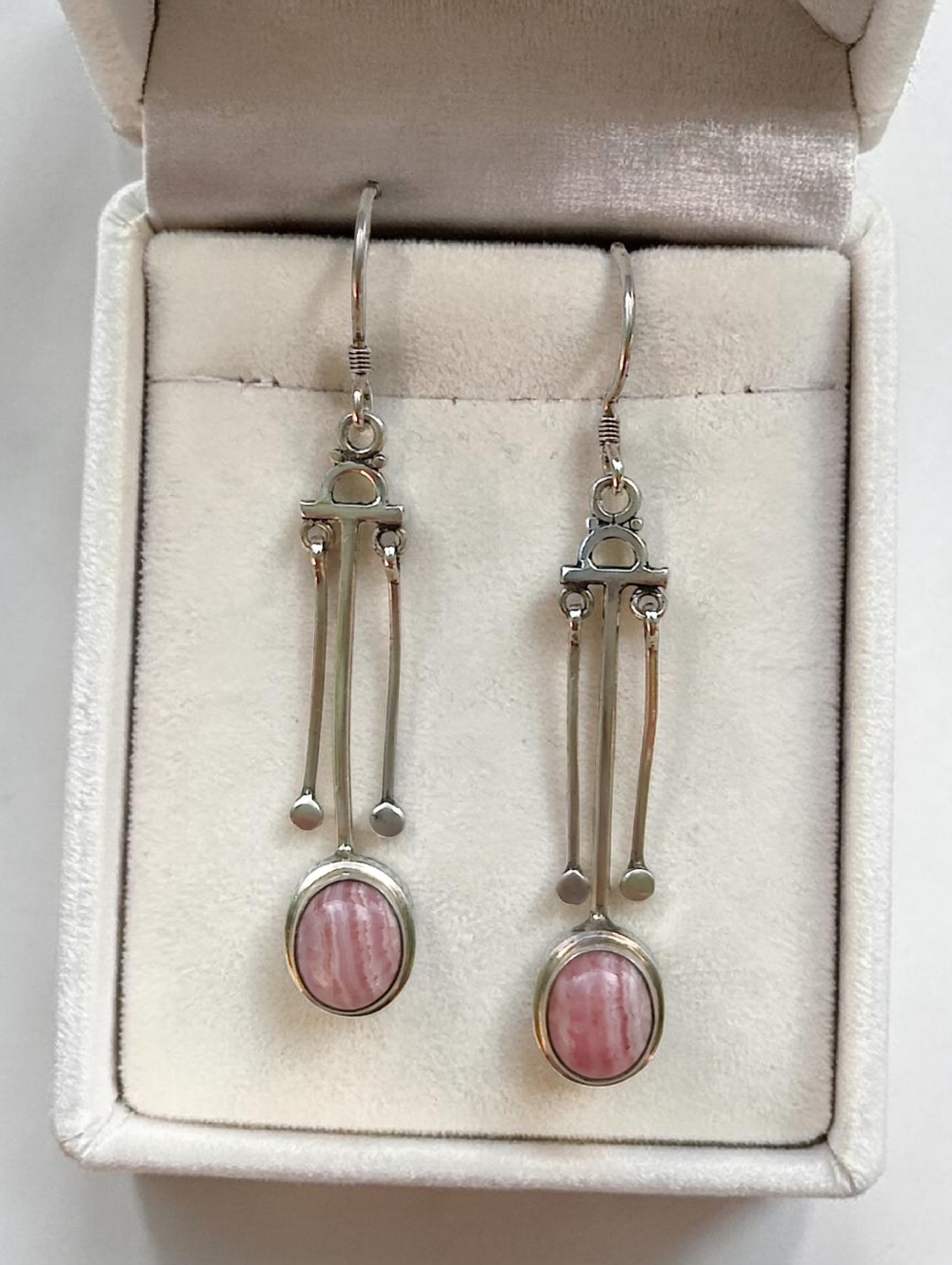 Vintage Sterling Brutalist Rhodochrosite Dangle Earrings